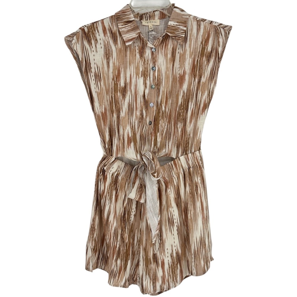 Promesa Brown Ikat Print Romper Tie Front Midriff Button Down Small NWT Earthy
